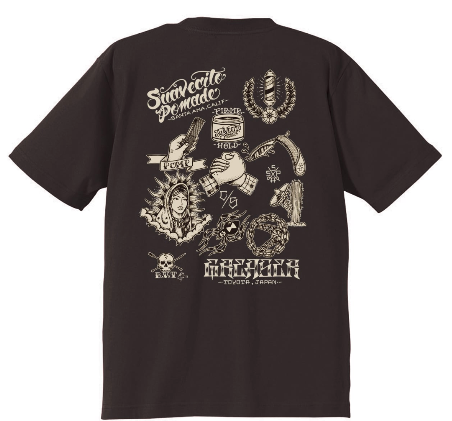 A black t-shirt featuring graphic designs and text related to the brands Greaser and Suavecito.