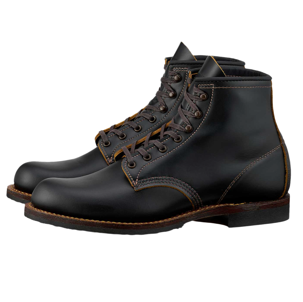 A pair of Beckman 9060 Black Klondike Leather boots featuring a lace-up closure, prominent stitching, and a round toe design.