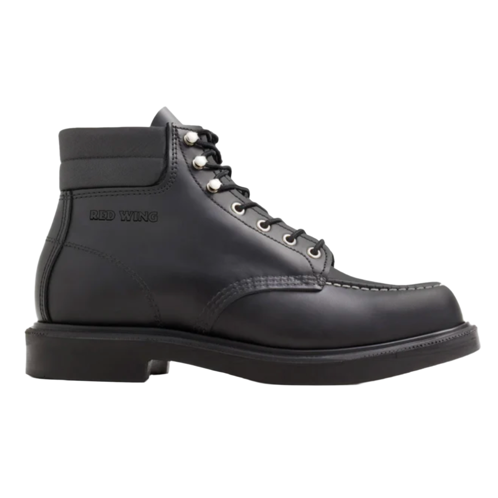 classic Red Wing Shoes Moc Toe boots in Black Chrome color, featuring a lace-up closure, with a polyether urethane outsole.