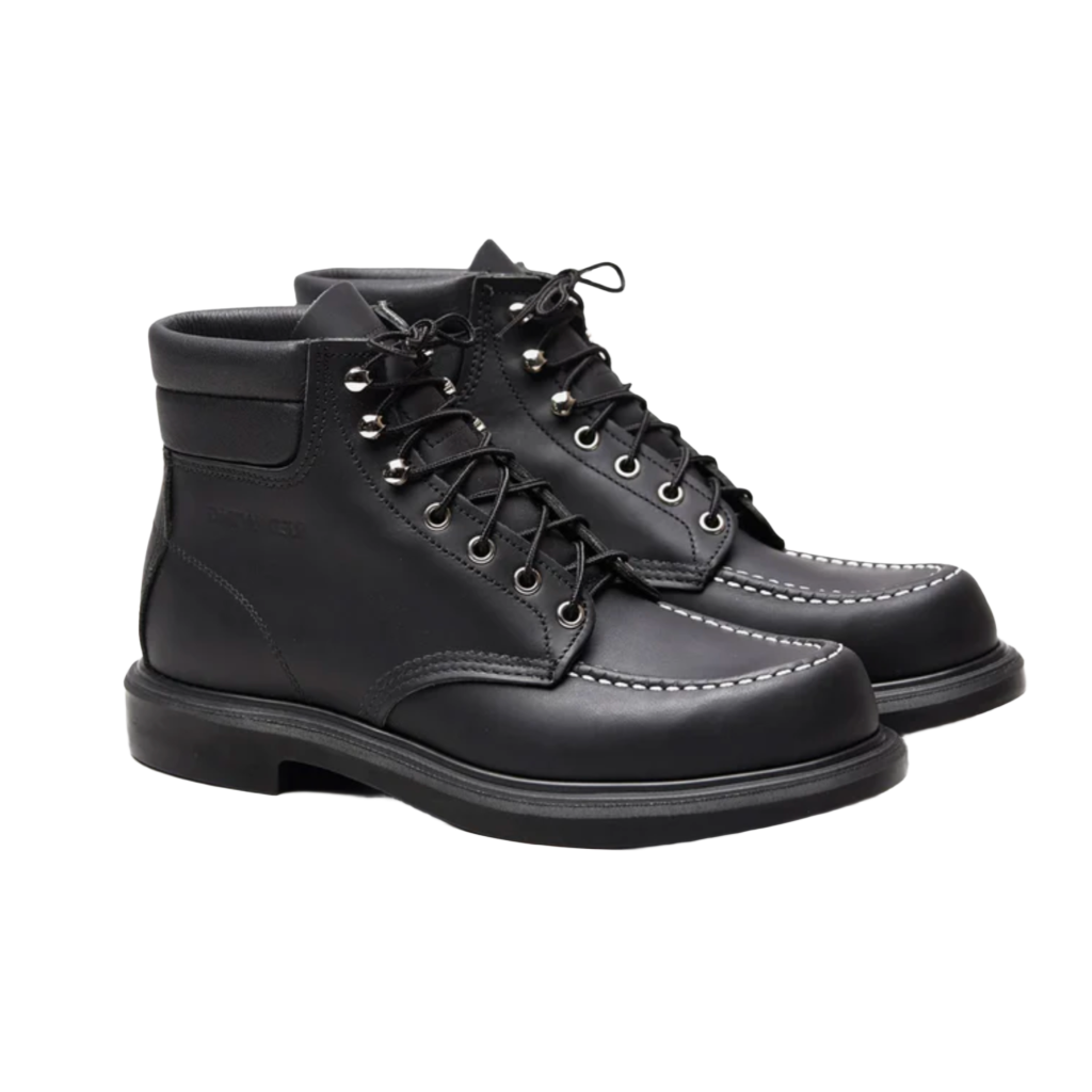 A pair of classic Red Wing Shoes Moc Toe boots in Black Chrome color, featuring a lace-up closure, with a polyether urethane outsole.
