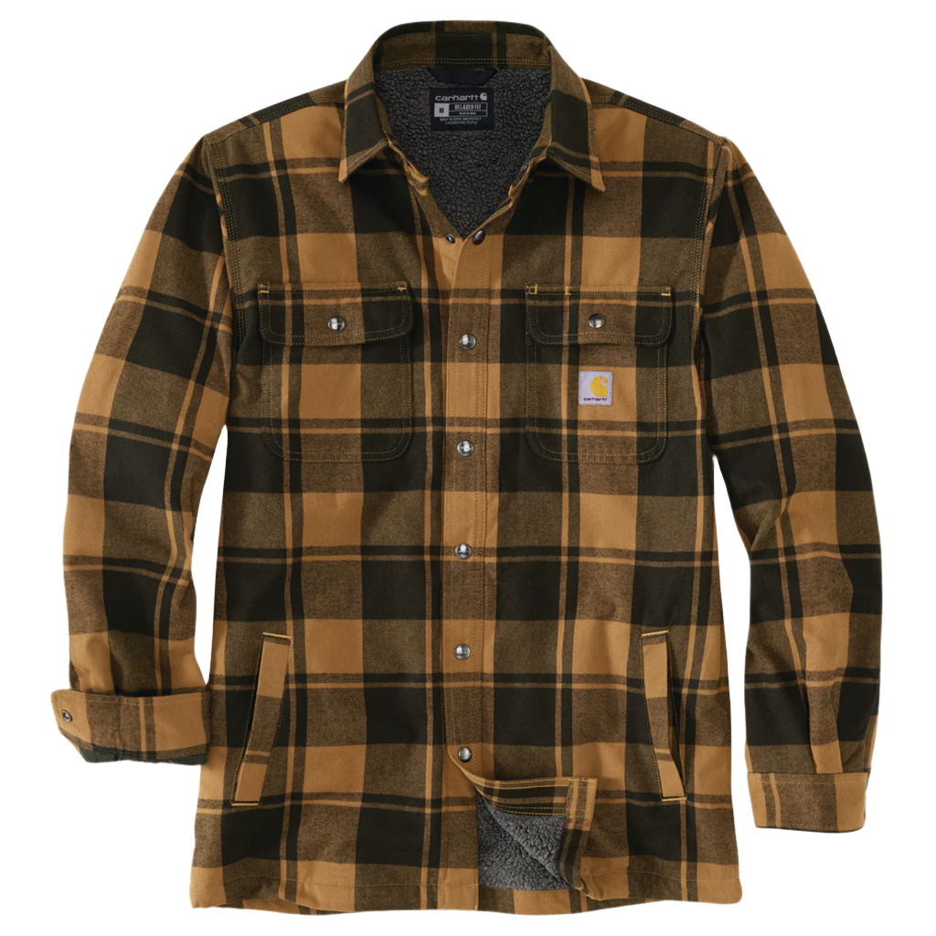 A brown flannel jacket with a checkered pattern, featuring a collar, pockets, and snap closures.