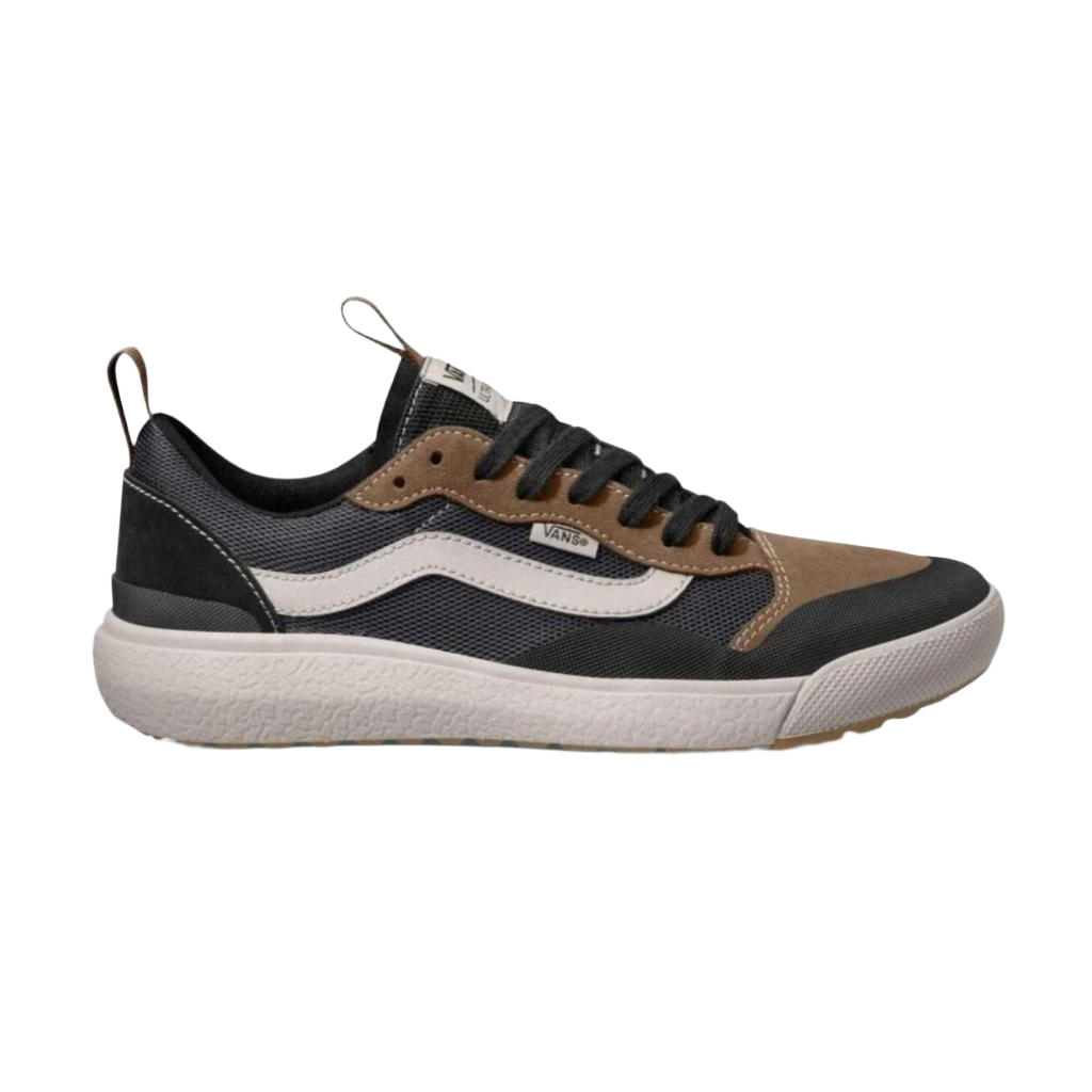A brown and black Vans sneaker with a lace-up closure and a mesh upper.