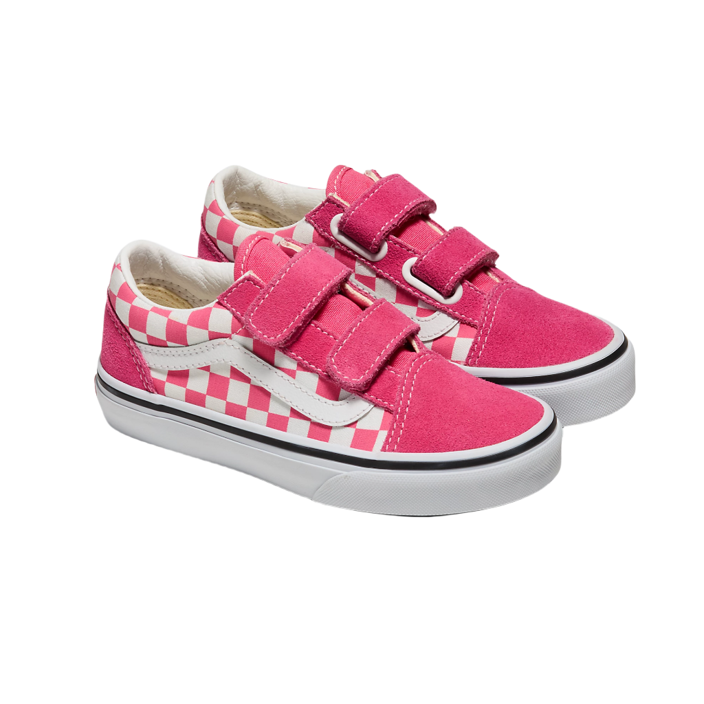 A pair of kids' Vans Old Skool V shoes with double hook-and-loop closures, featuring a pink and white checkerboard print on the upper.