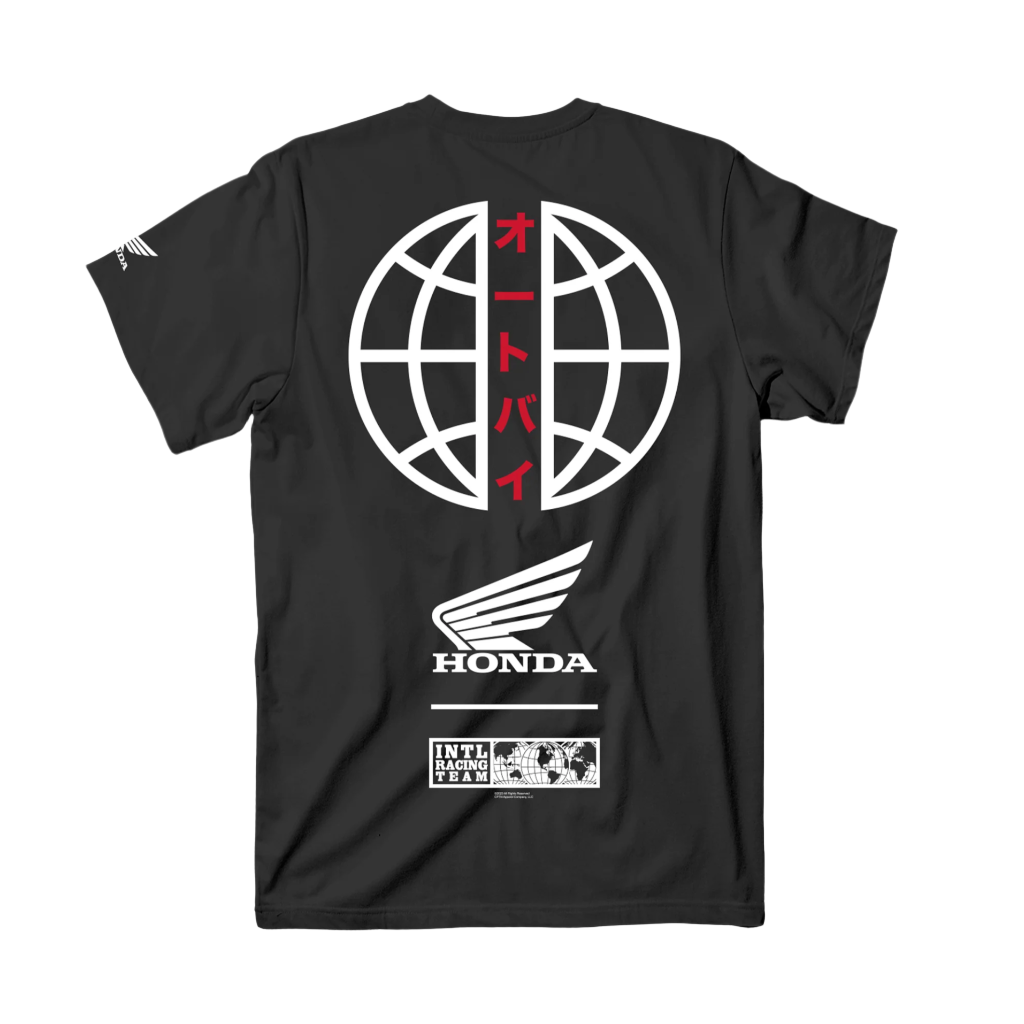 A black t-shirt with a white graphic of the Earth and a red Honda logo, along with the text 'Honda' and 'INDILAND' on the front.