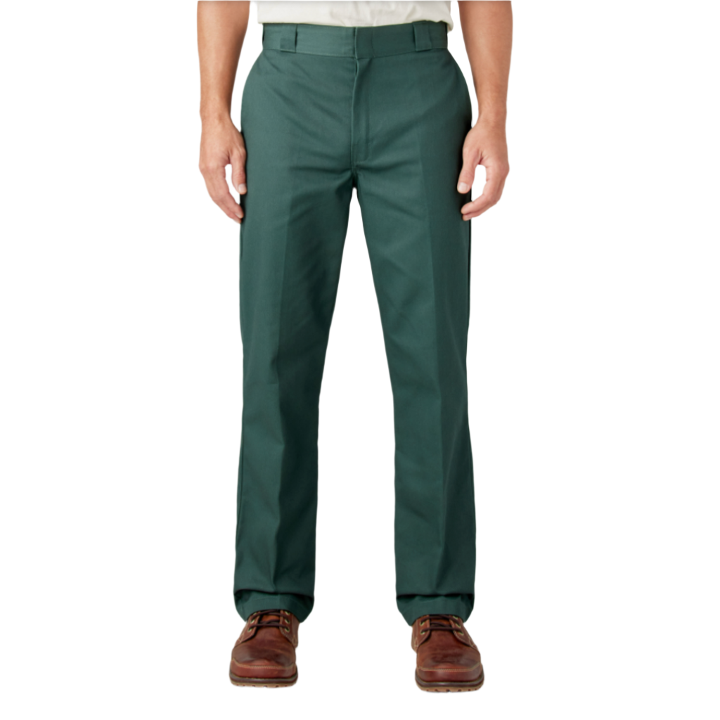 A front view of a person wearing hunter green Dickies 874 work pants.