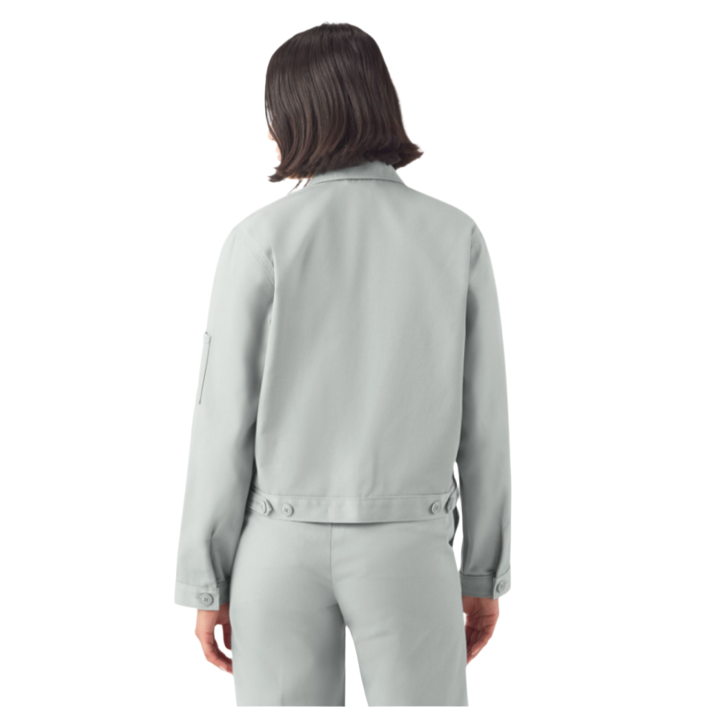Back of model wearing Women’s Unlined Cropped Eisenhower Jacket in Grey