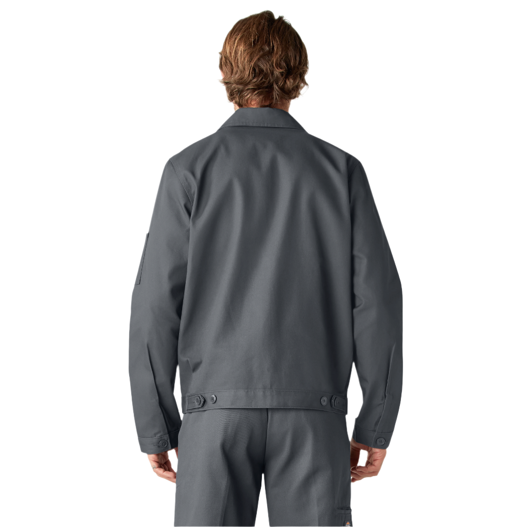 Model wearing grey Eisenhower Jacket showing the back of jacket on a white background