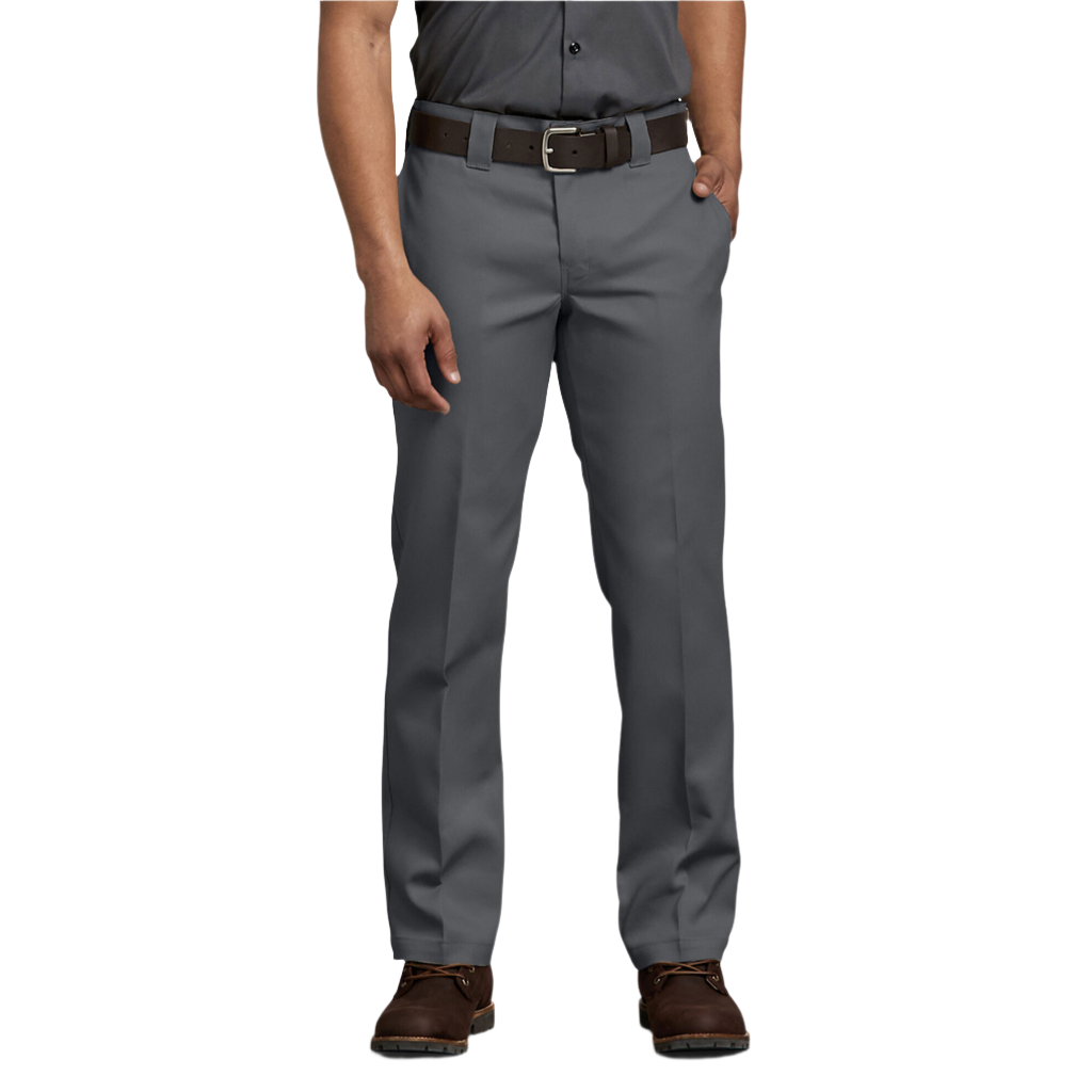 A person standing wearing charcoal grey Dickies men's 873 flex slim fit work pants, a belt, and shoes.