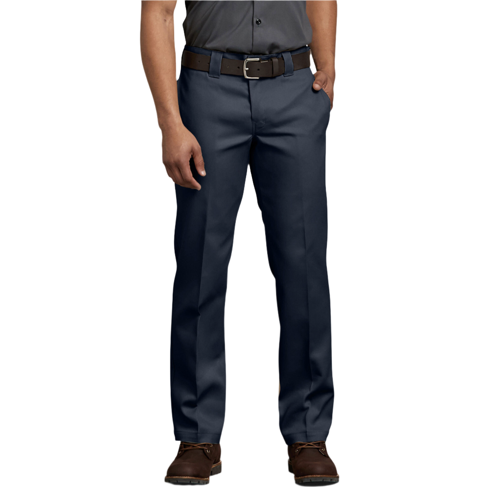 A man standing, wearing dark navy Dickies men's 873 flex slim fit work pants, a white shirt, and brown shoes.