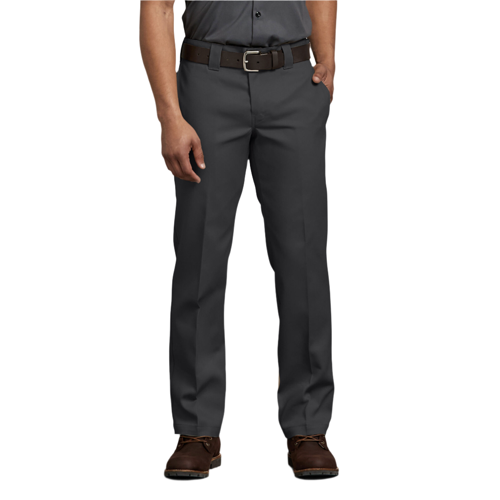A man standing with hands in pockets wearing black Dickies men's 873 flex slim fit work pants and brown shoes.