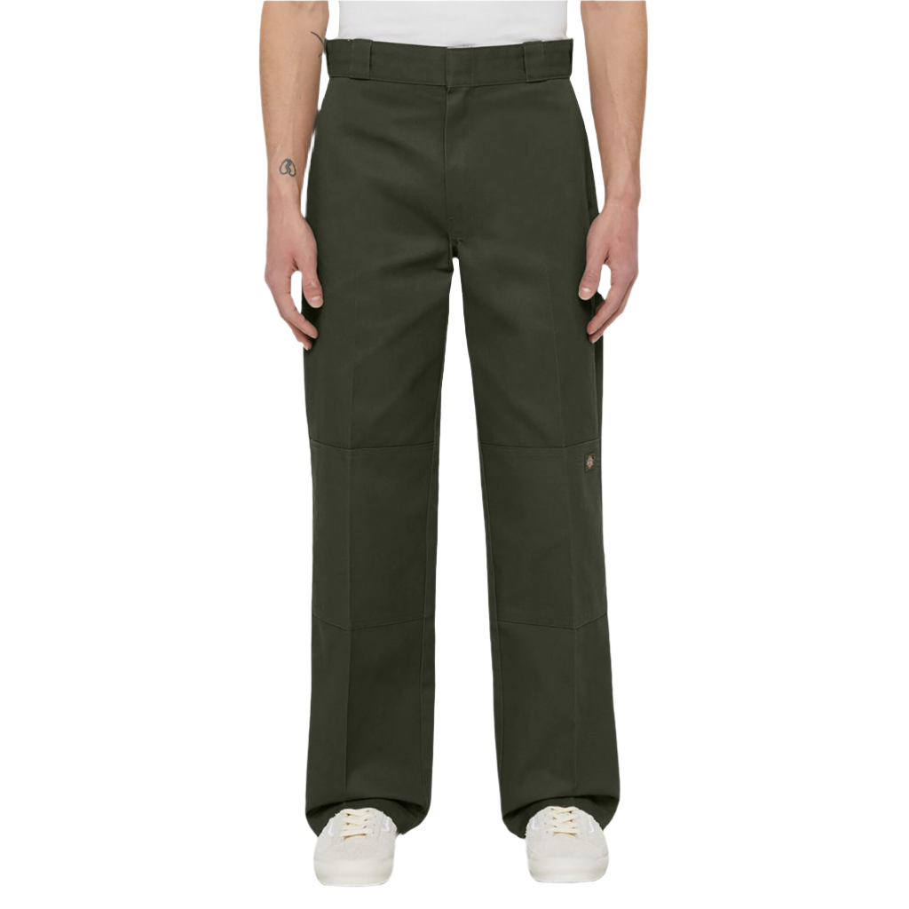 A person standing straight, wearing loose fit double knee work pants in olive green color.