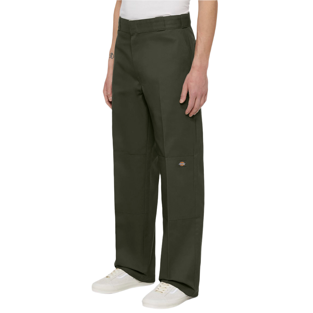 A person standing straight, wearing loose fit double knee work pants in olive green color.