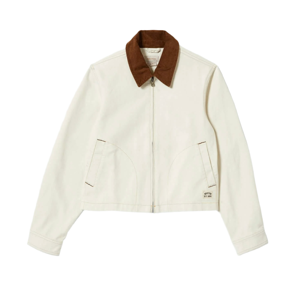 A white mechanic-style women's garage zip jacket with a corduroy collar.