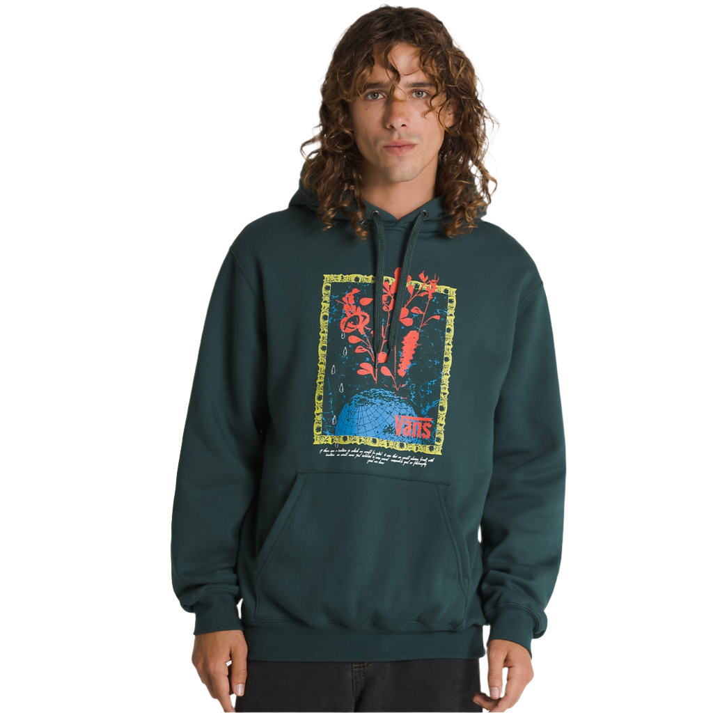 A person wearing a green hooded pullover sweatshirt with a screenprinted graphic of a globe on the chest.