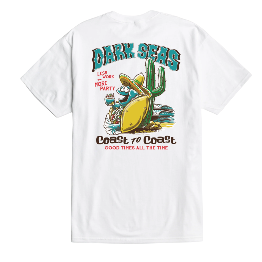 A white premium t-shirt with a graphic print in the center that includes text and a cactus.