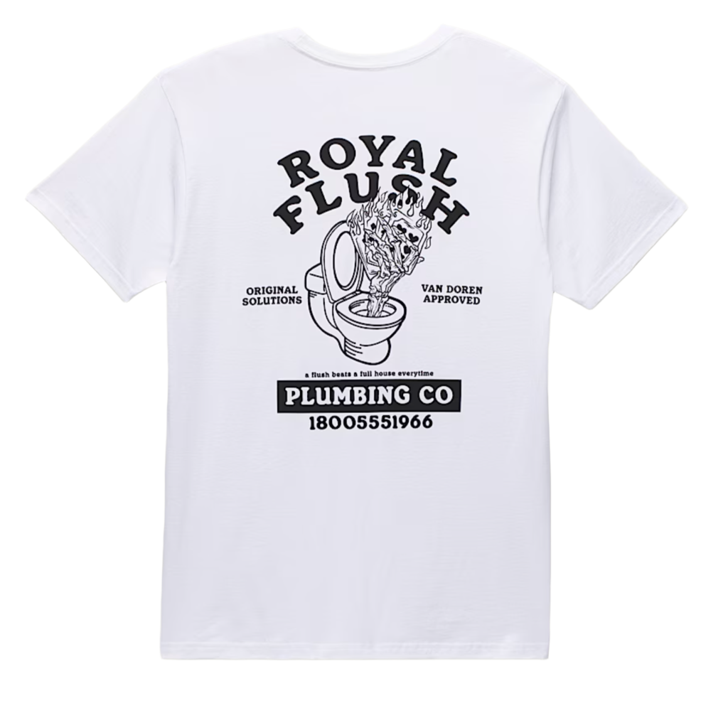 A white short-sleeved crew neck t-shirt with a screen printed graphic of the Vans logo on the front and a retro Vans-style plumbing ad on the back.