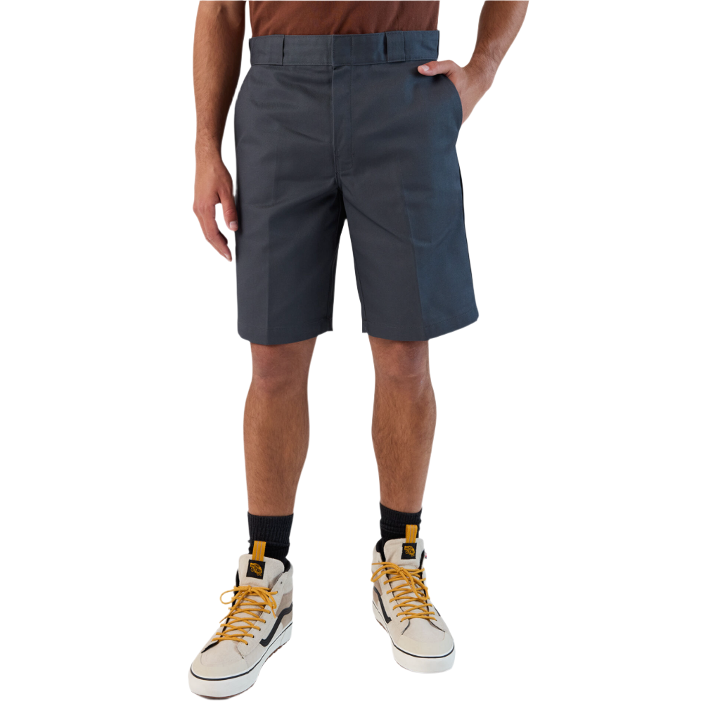 A pair of men's charcoal gray work shorts with a flat front design, permanent crease, and a 11-inch inseam. The shorts are shown from the waist to the knees, worn by a model standing upright.