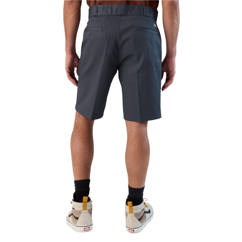 A pair of men's charcoal gray work shorts with a flat front design, and a 11-inch inseam. The shorts are shown from the waist to the knees, worn by a model standing upright.