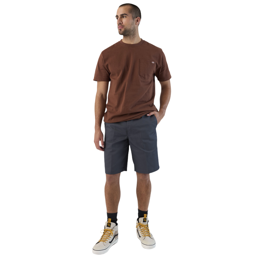 A pair of men's charcoal gray work shorts with a flat front design, permanent crease, and a 11-inch inseam. The shorts are shown from the waist to the knees, worn by a model standing upright.