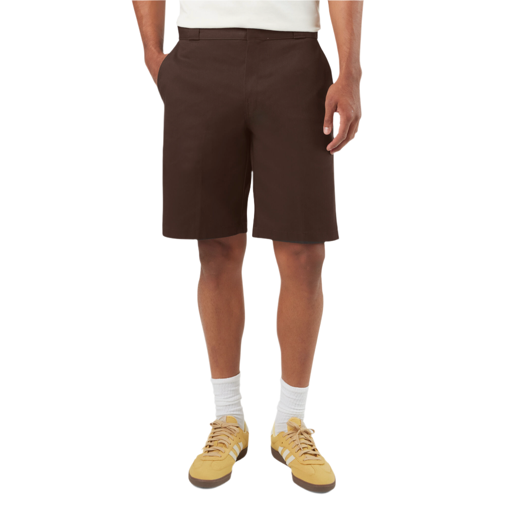 A pair of dark brown men's work shorts with a flat front design. The shorts are knee-length and made from a twill fabric.