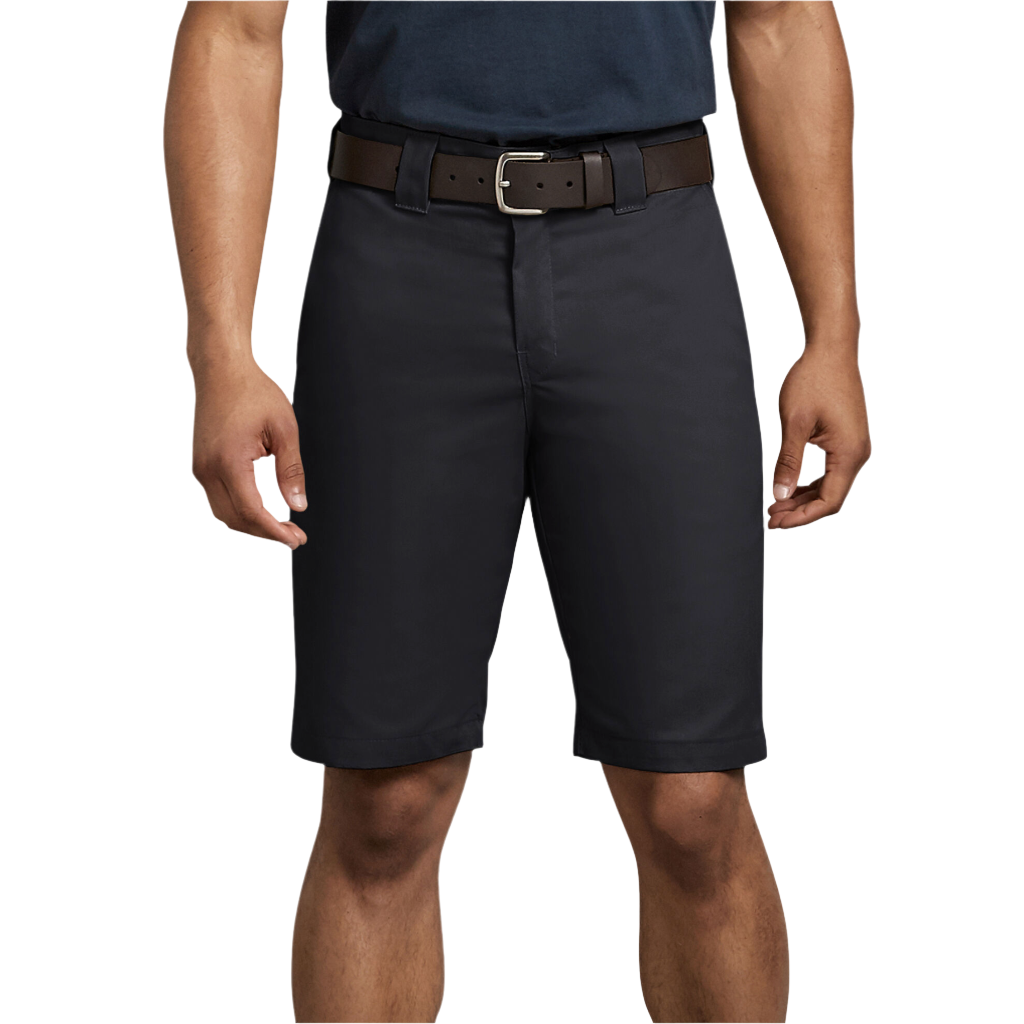 A person standing, wearing black regular fit shorts with a belt.