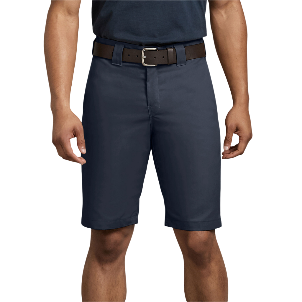 A person standing, wearing dark navy regular fit shorts with a belt.