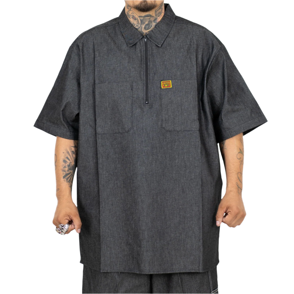Hard Denim Short Sleeve Zip Shirt Black