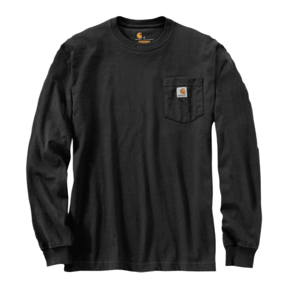 A black long-sleeve Carhartt t-shirt with a chest pocket featuring the Carhartt logo.