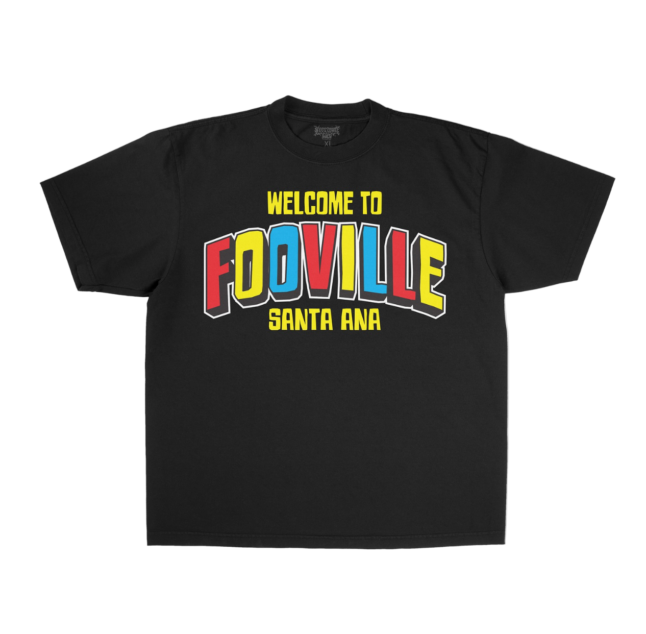 Black t-shirt with colorful 'Welcome to Fooville Santa Ana' text on a white background