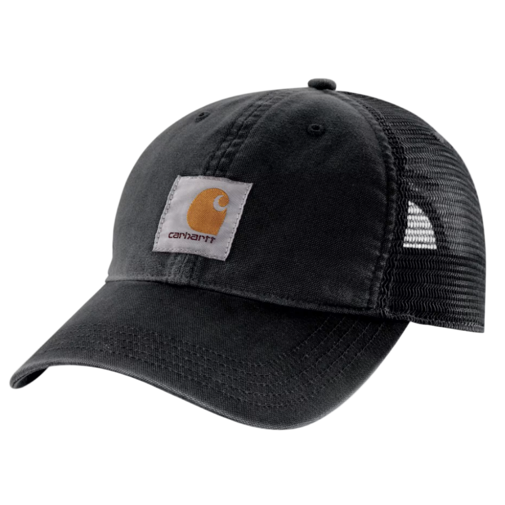 Black trucker cap with Carhartt logo on a white background