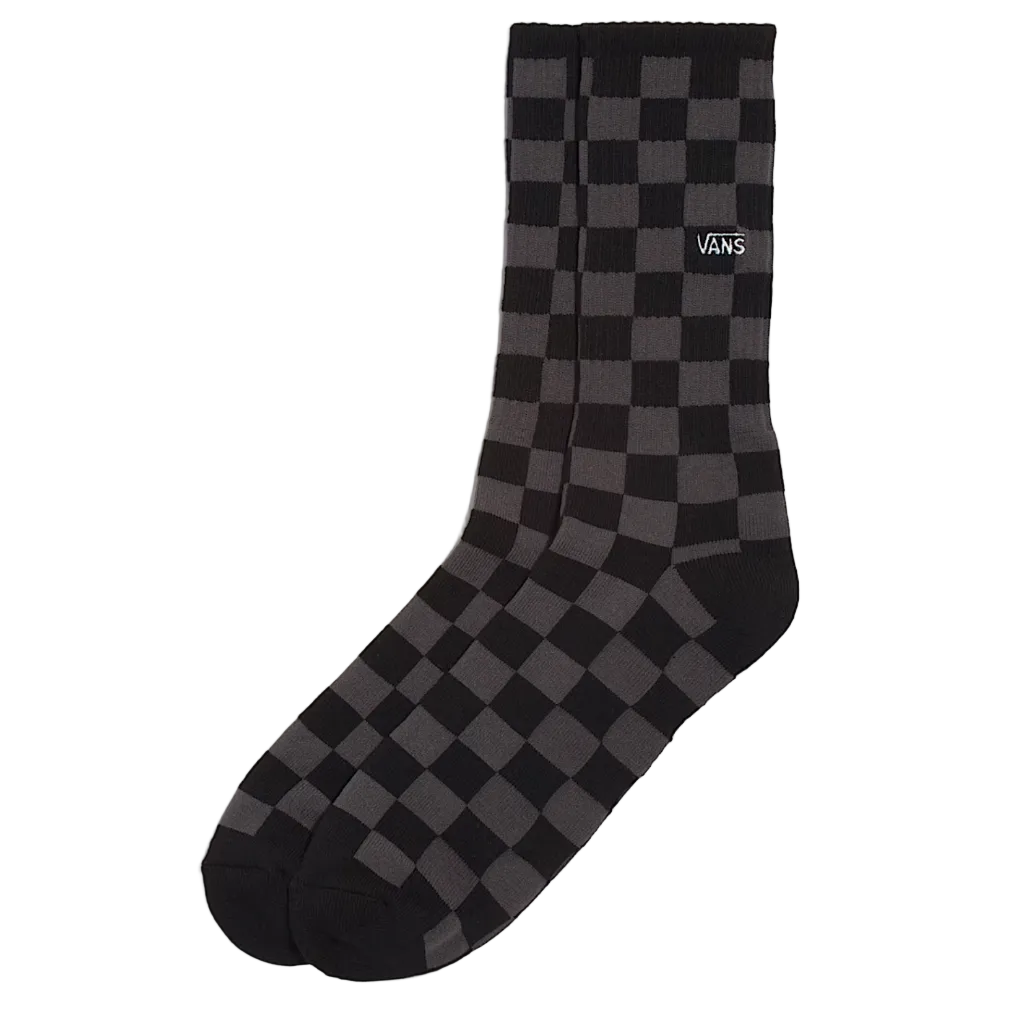 Black and gray checkered socks with a brand logo on a light gray background