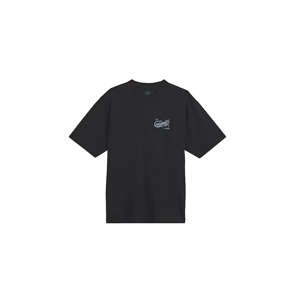 Black t-shirt with a small logo on a white background