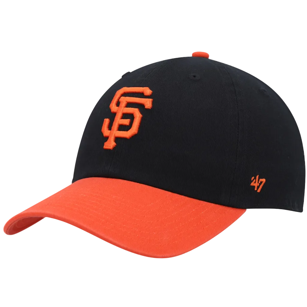 Black and orange baseball cap with logo on a white background