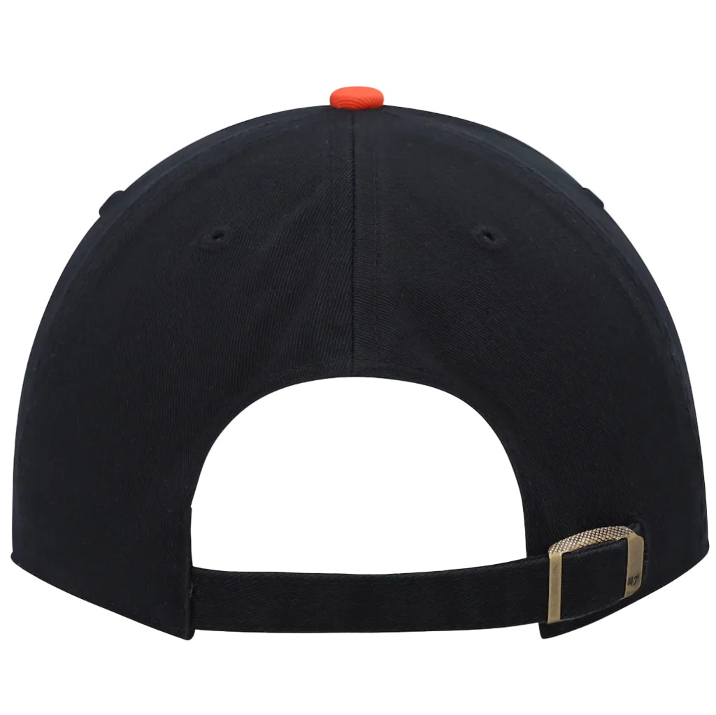 Black cap with a white interior and orange button on a white background