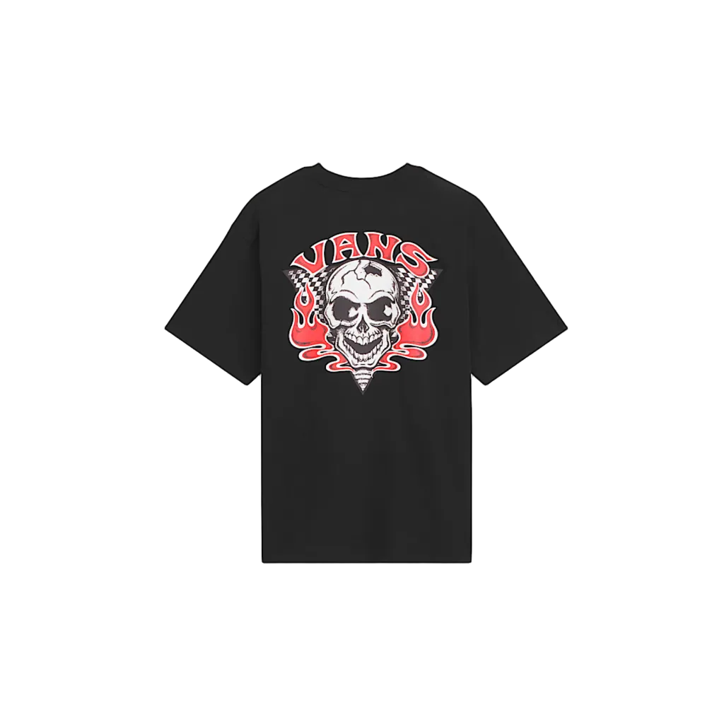A black Vans short-sleeve t-shirt with a large graphic on the chest featuring a skull, red flames, and the Vans logo, displayed against a white background.