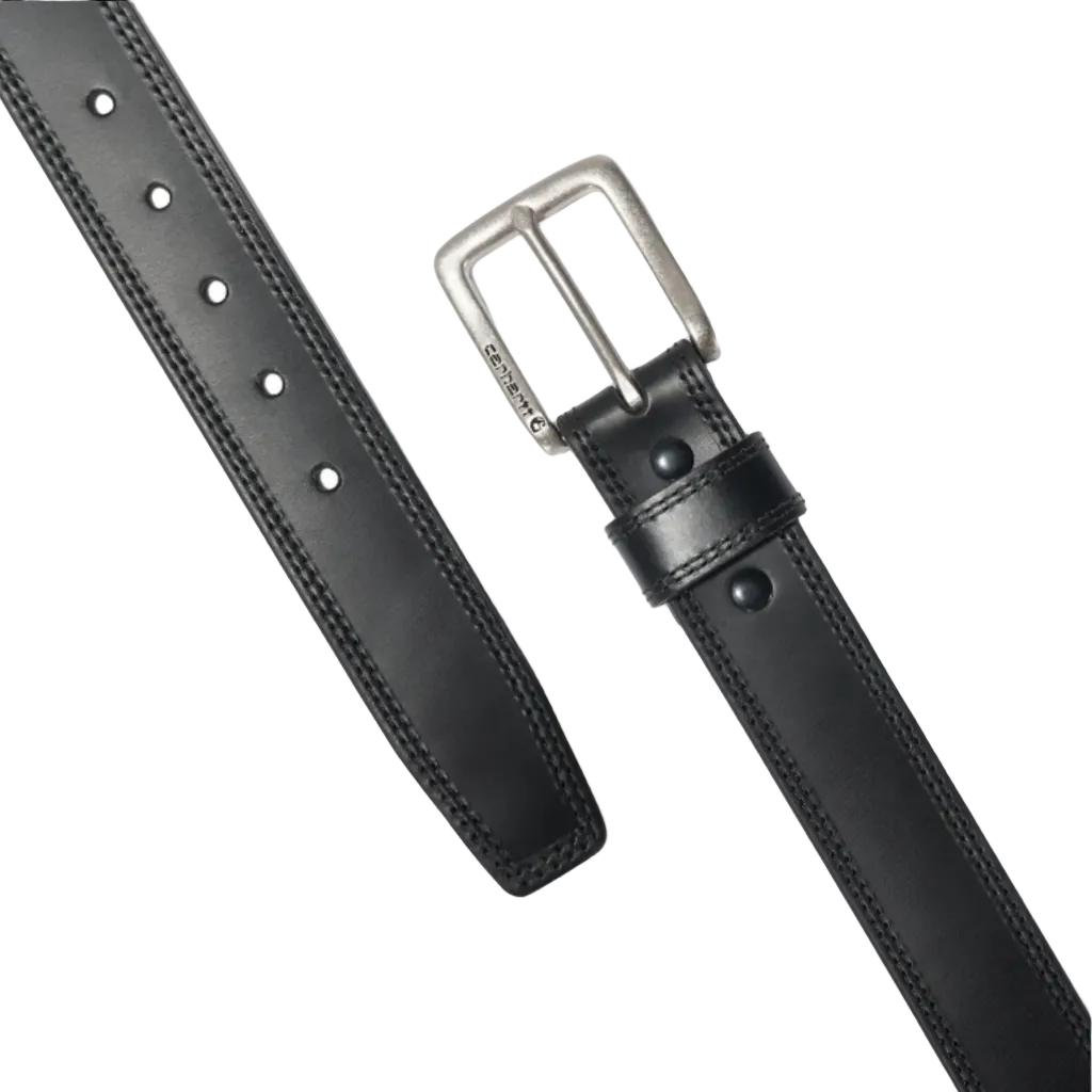 A black leather belt with a silver-tone metal buckle, shown in a split layout on a plain white background.