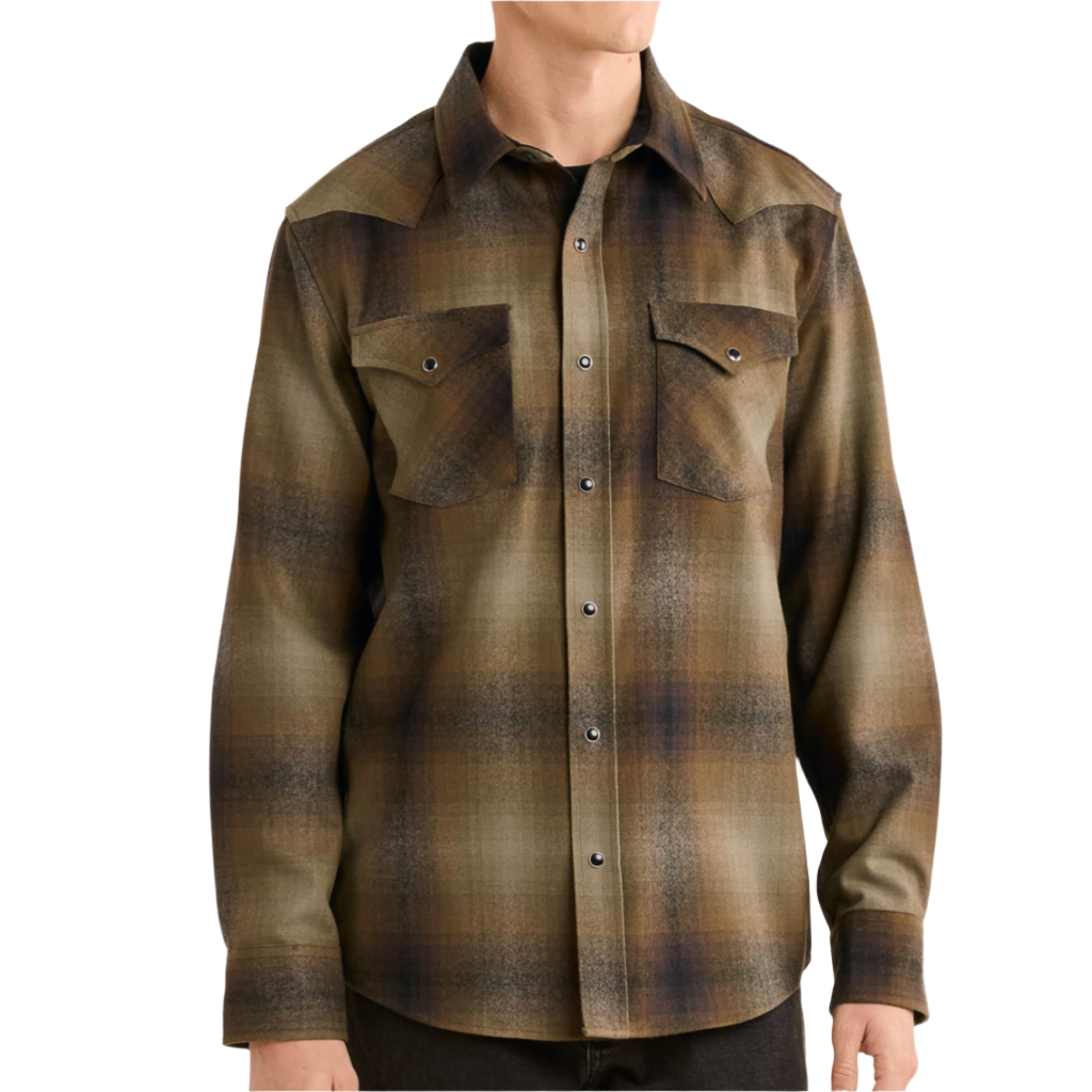 A long-sleeved, ombre patterned shirt in shades of olive and brown, featuring pearlized snaps and two button-through chest pockets.