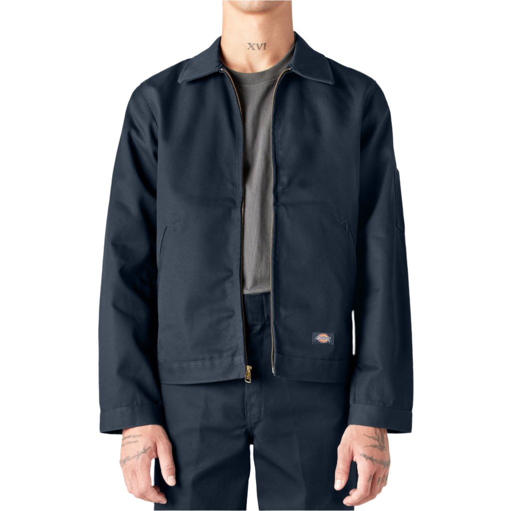 A model wearing a dark navy unlined eisenhower jacket with a brass zipper and front welt pockets.