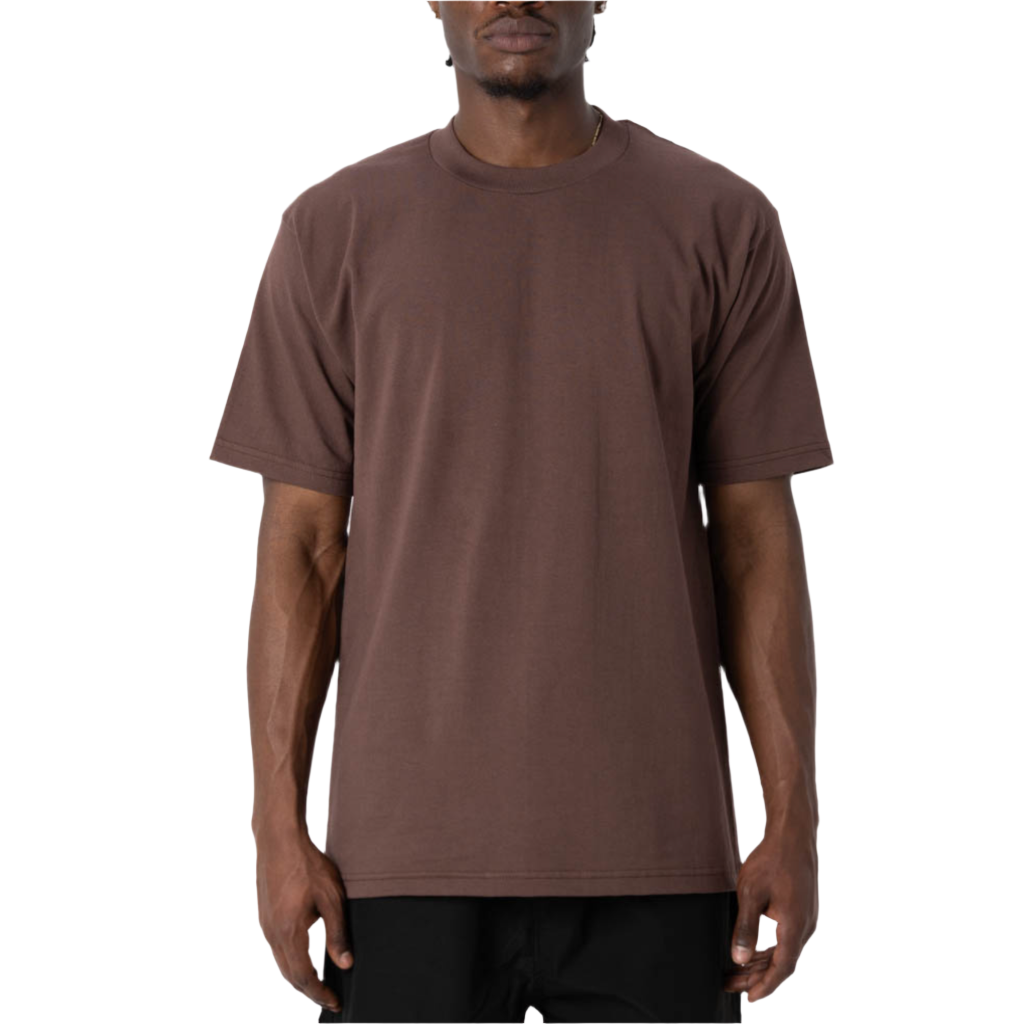 A male model wearing a white, short-sleeved, crew-neck t-shirt.