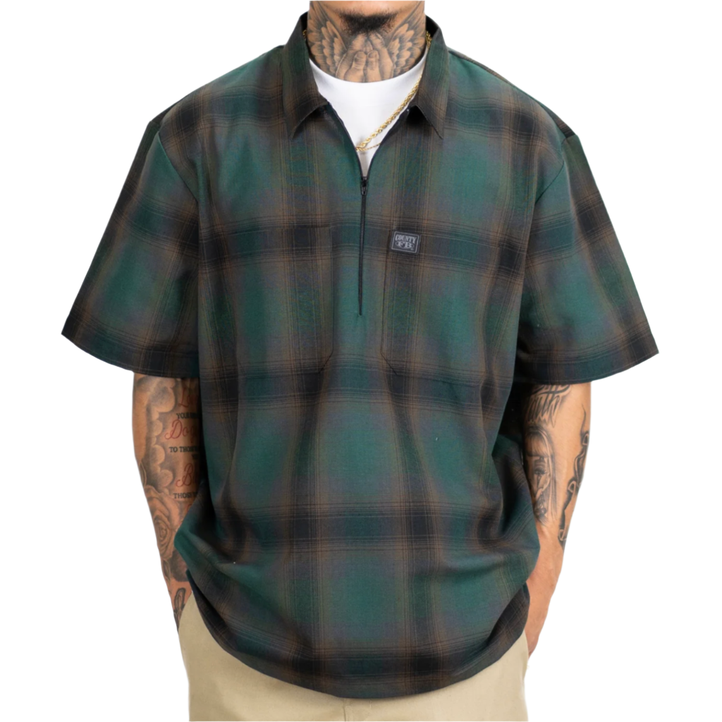 Short Sleeve Checker Zip Shirt Black/Green