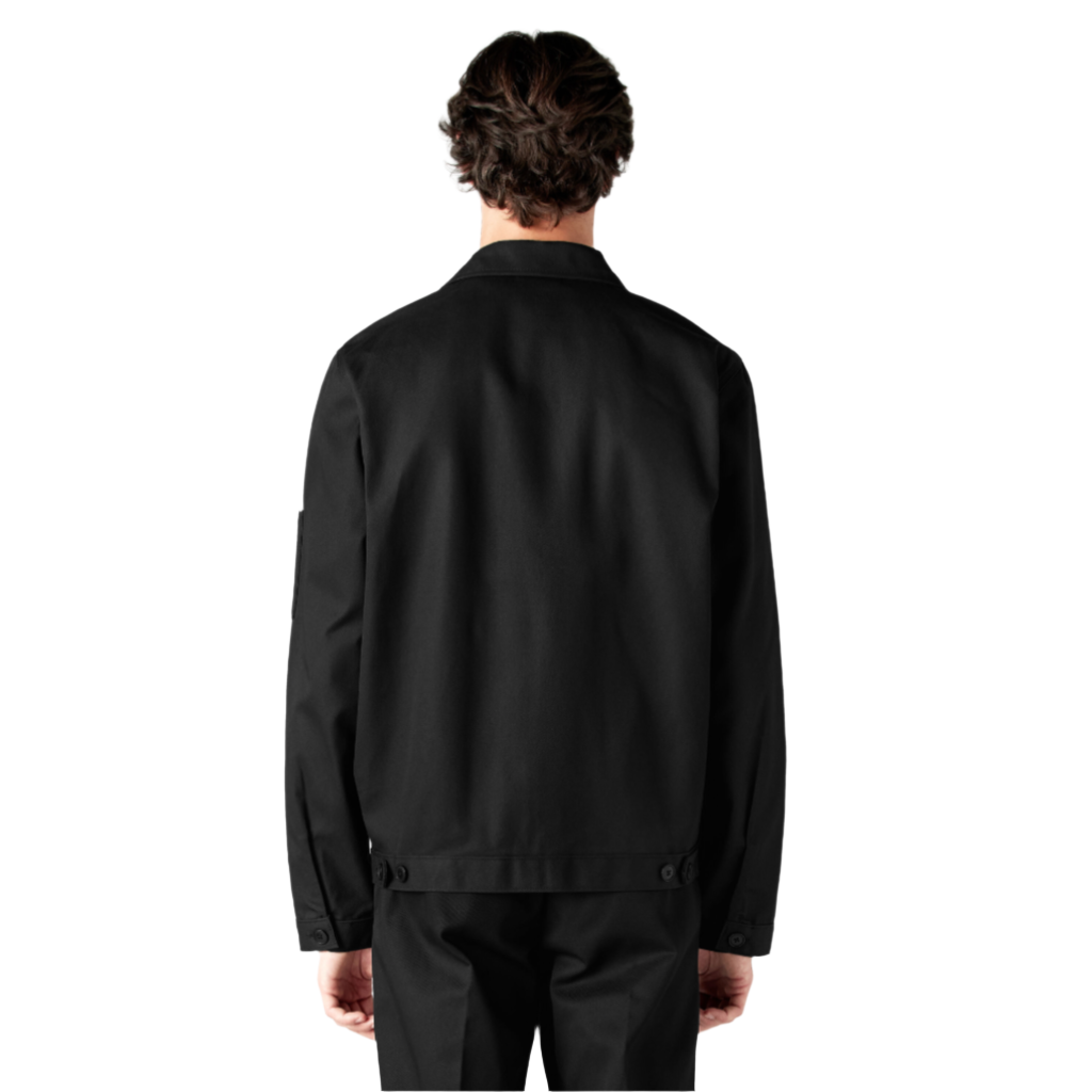 Model wearing black Unlined Eisenhower jacket on a white background