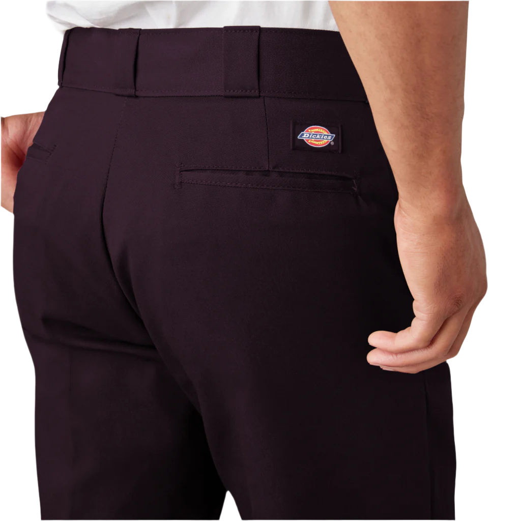 A pair of men's maroon Dickie's Original 874 work pants with a high-rise waist and straight legs.