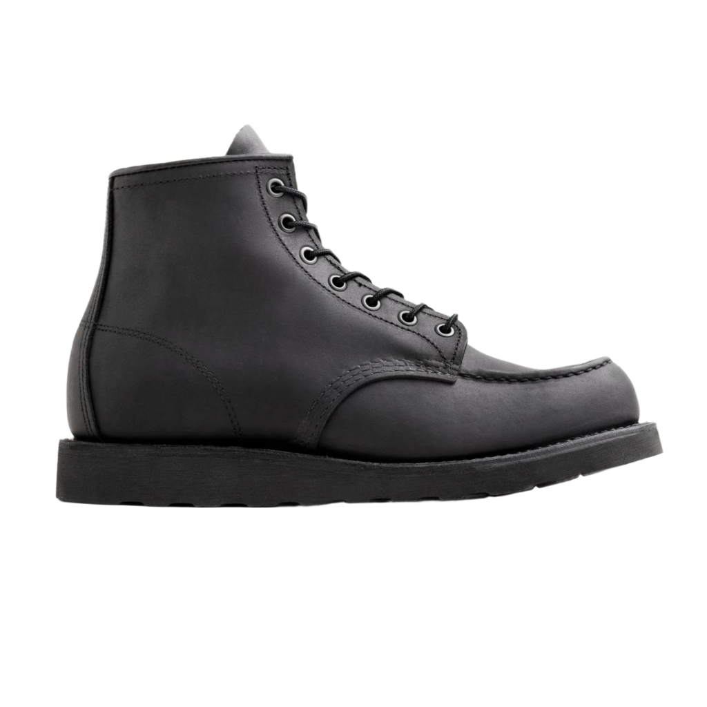 A pair of Red Wing Shoes 8074 Moc Toe in Black Harness, featuring a classic moccasin style with lace-up closure and a thick sole.