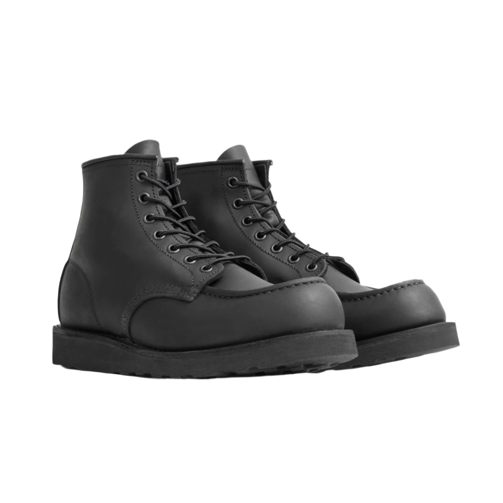 A pair of Red Wing Shoes 8074 Moc Toe in Black Harness, featuring a classic moccasin style with lace-up closure and a thick sole.