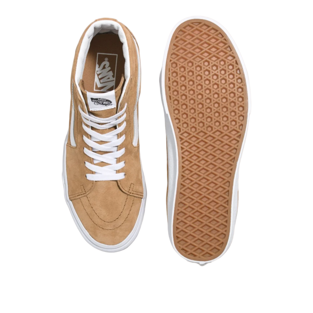 Tan sneaker with white laces on a white background
