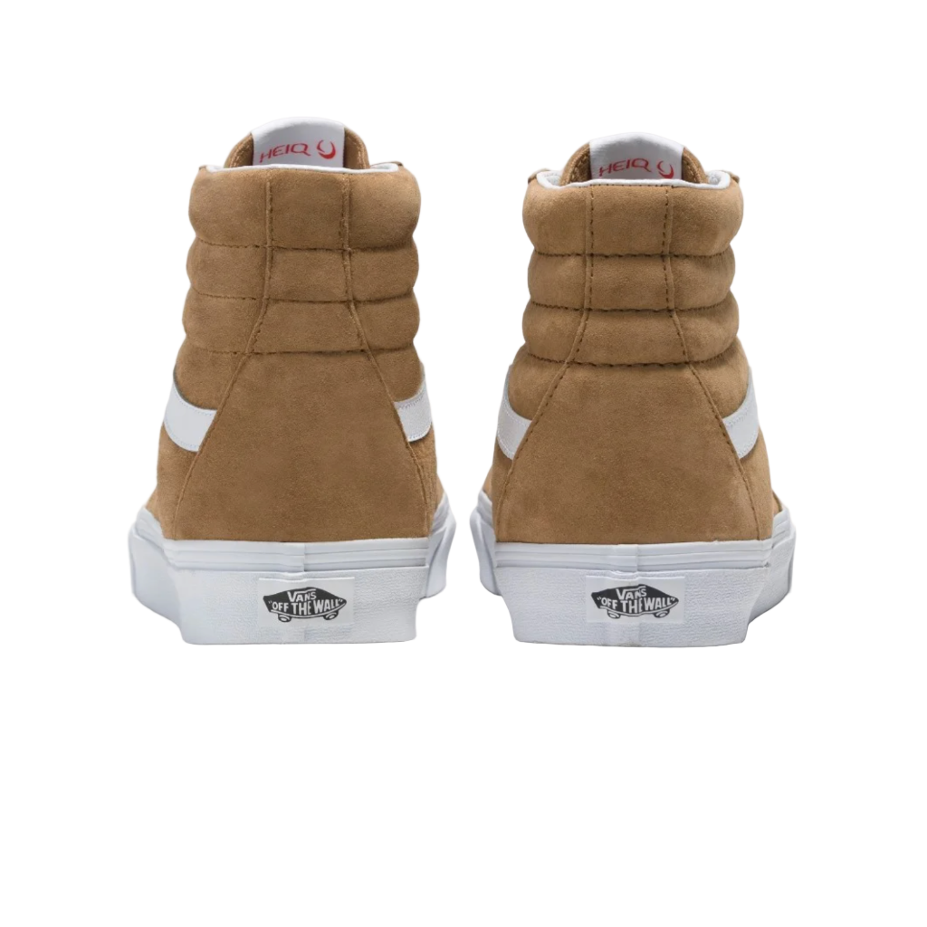 Pair of tan high-top sneakers with white soles on a white background