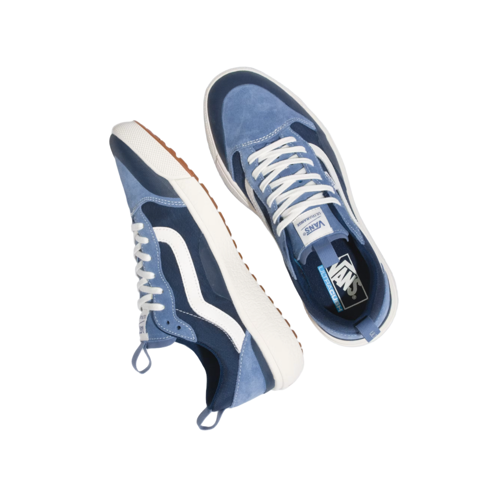 Blue and white sneakers displayed on a white background
