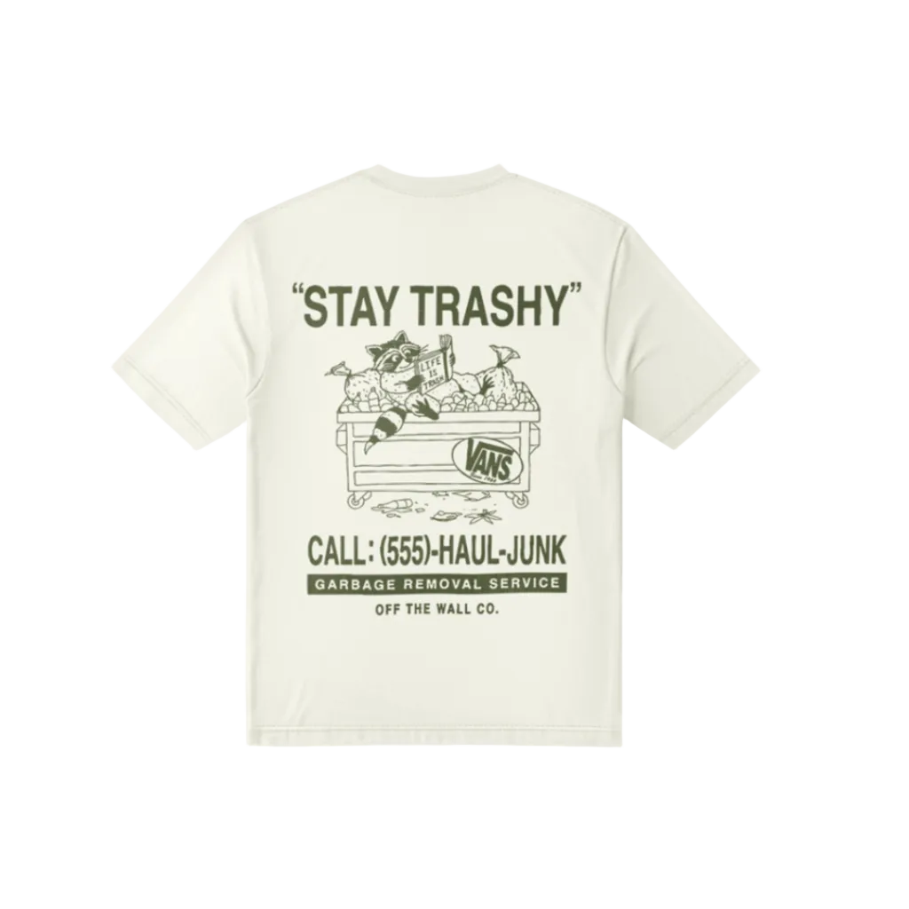 Beige t-shirt with graphic design and text on a white background