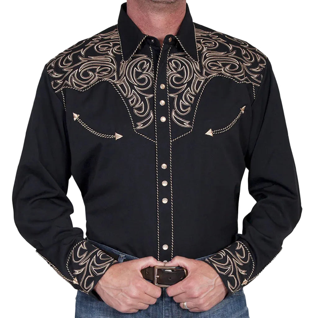 Black embroidered western shirt on a white background