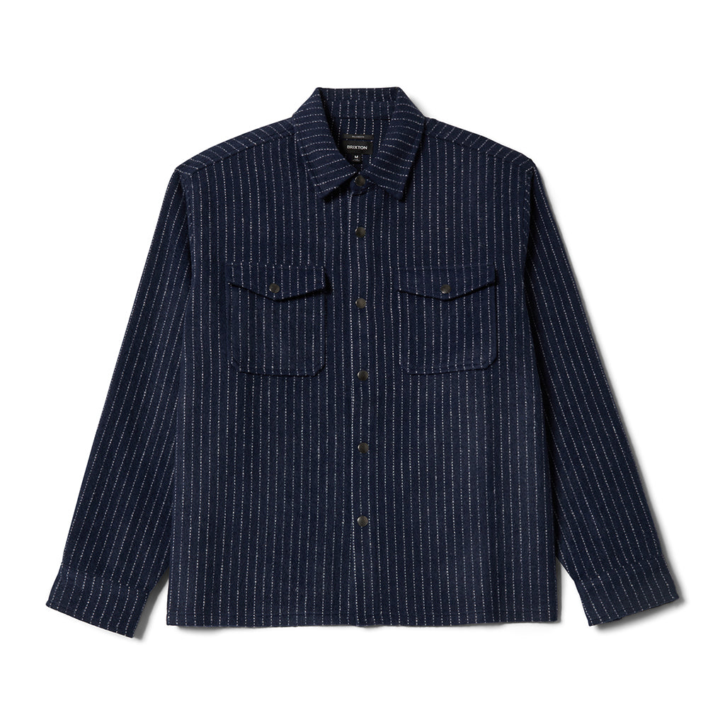Navy pinstripe shirt with two front pockets on a white background